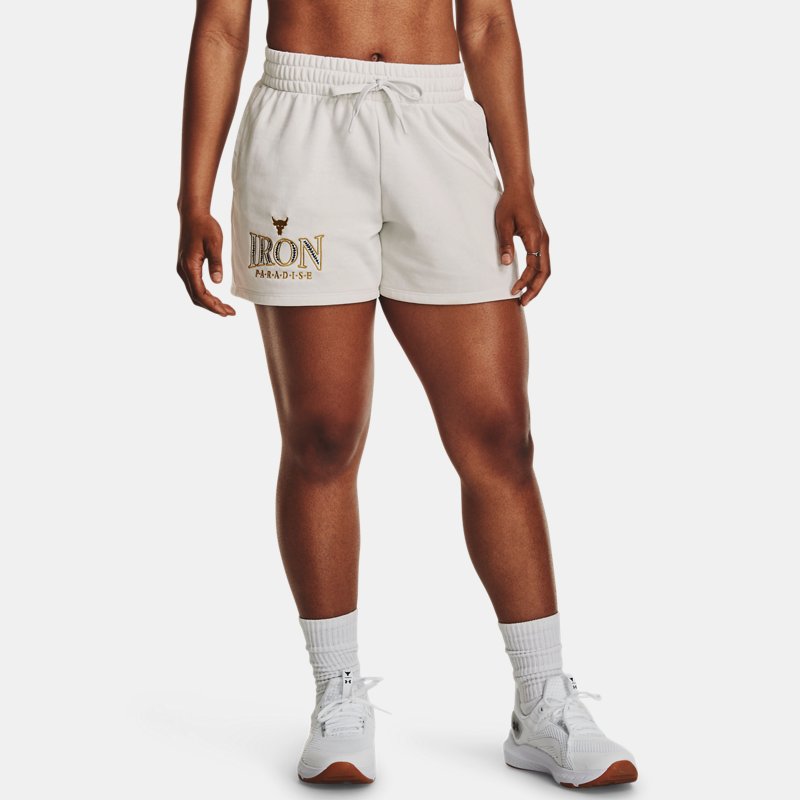 Under Armour Women's Project Rock Everyday Terry Shorts White Clay / Midnight Navy XS